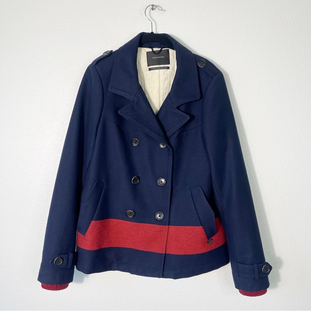 Maison Scotch & Soda Wool Peacoat Size 10 Blue Red Preppy Academia Chic Coat